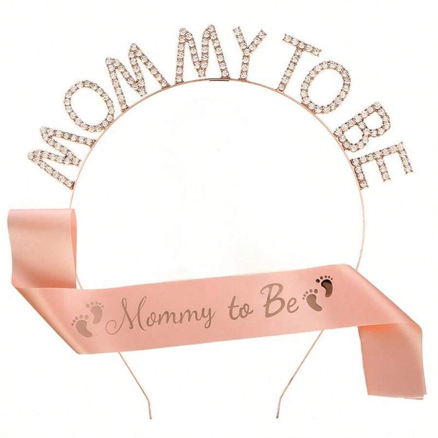 Bộ 2 món "Mommy To Be" cho tiệc: 1 vương miện đính đá và 1 dây đeo vai cho chân, dùng cho tiệc tiết lộ giới tính của bé, quà tặng trang trí tiệc mừng em bé chào đời - Hoa hồng vàng - Xem 1