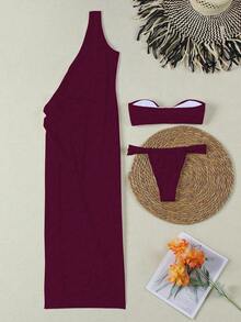 新款春夏欧美优雅性感纯色酒红色三件套比基尼泳衣连衣裙，适合海滩度假派对约会 - 酒紅色 - 查看 5