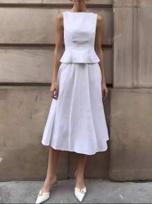 Elegant Linen Like Vintage Coin Long Midi Dress With Inset Waist, Relaxed Collar, Everyday Office Casual