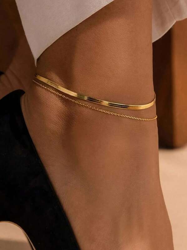 مجموعة سلسلة كاحل ذهبية مسطحة قطعتين، مناسبة كهدية للنساء والصديقات والأمهات للسفر والعطلات