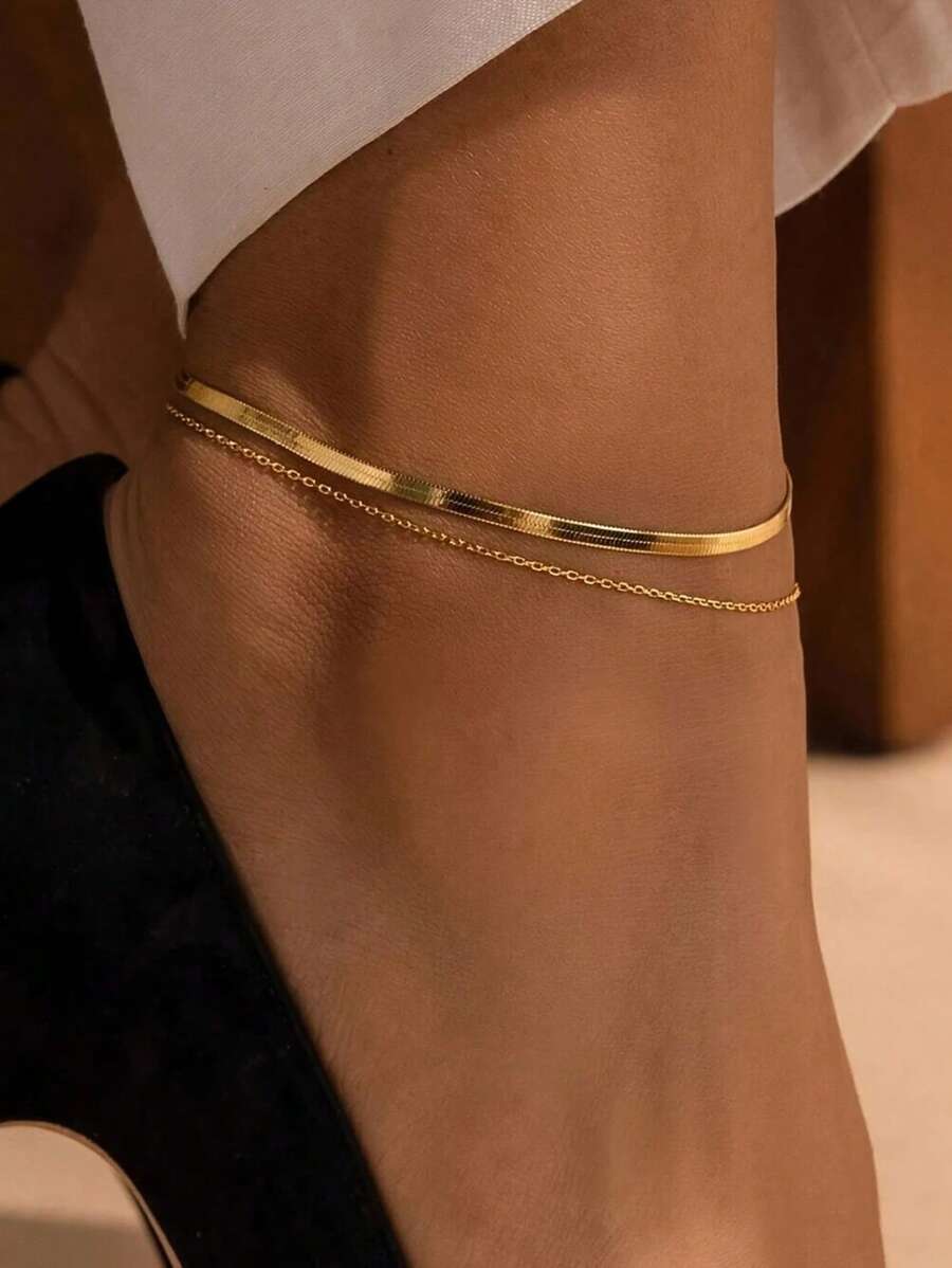 Conjunto de 2 tornozeleiras com corrente plana dourada, ideal para presentear mulheres, namoradas e mães em viagens e feriados