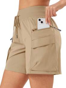 2 Piece Set Women's Quick-Dry UPF 50+ Hiking Cargo Shorts - Lightweight Athletic 6'' Shorts With Big Zipper Pockets & Adjustable Drawstring Waist, Regular Fit For Outdoor, Golf, Spring/Summer/Fall, Hiking Shorts - Black-dark Khaki - View 3