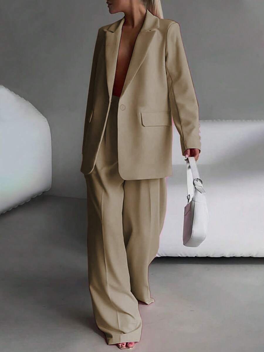 Women's Business Suit Two-Piece Set - Elegant Single Breasted Suit Paired With Slim Pants | Business Casual Office Suit And Daily Suit, Suits For Woman Set - 卡其色 - 查看 1