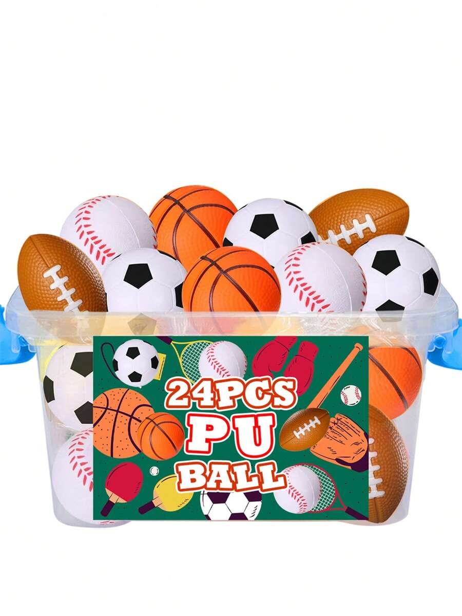 12/24 piezas Pelotas antiestrés con temática deportiva BTEC - Diseños de baloncesto, fútbol, fútbol americano, béisbol en colores vibrantes - Juguetes de mano duraderos de PU para relajación (aleatorio)