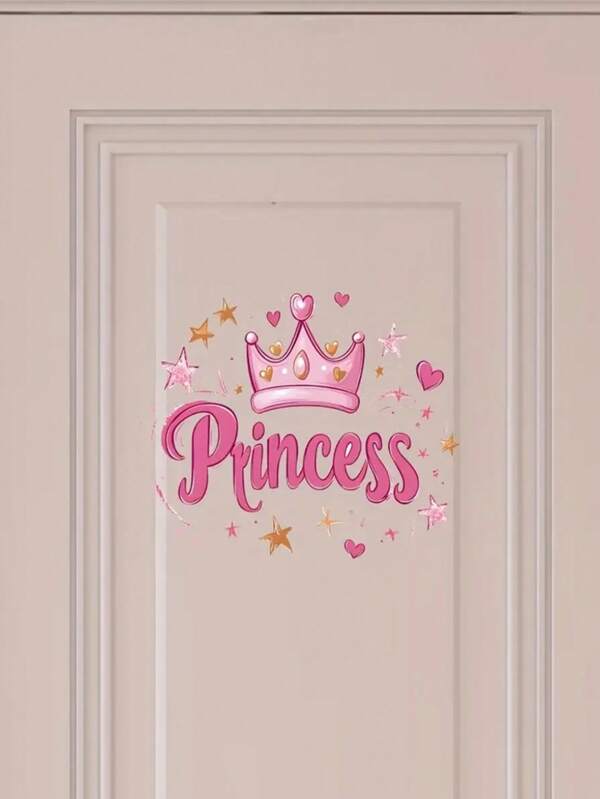 1 pièce Autocollant mural Princesse en vinyle, style Art Déco couronne rose et paillettes, autocollant de porte de dessin animé autoadhésif pour chambre de fille, finition brillante, compatible avec surface en plastique, art mural décoratif à usage unique