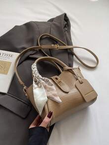 1pc Fashion Minimalist Clasp Closure PU 2-In-1 Shoulder/Crossbody/Handbag With Scarf, Suitable For Daily Use - Khaki - View 7