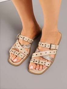 Buckle And Rivet Decorated Flip-Flops - Khaki - View 2