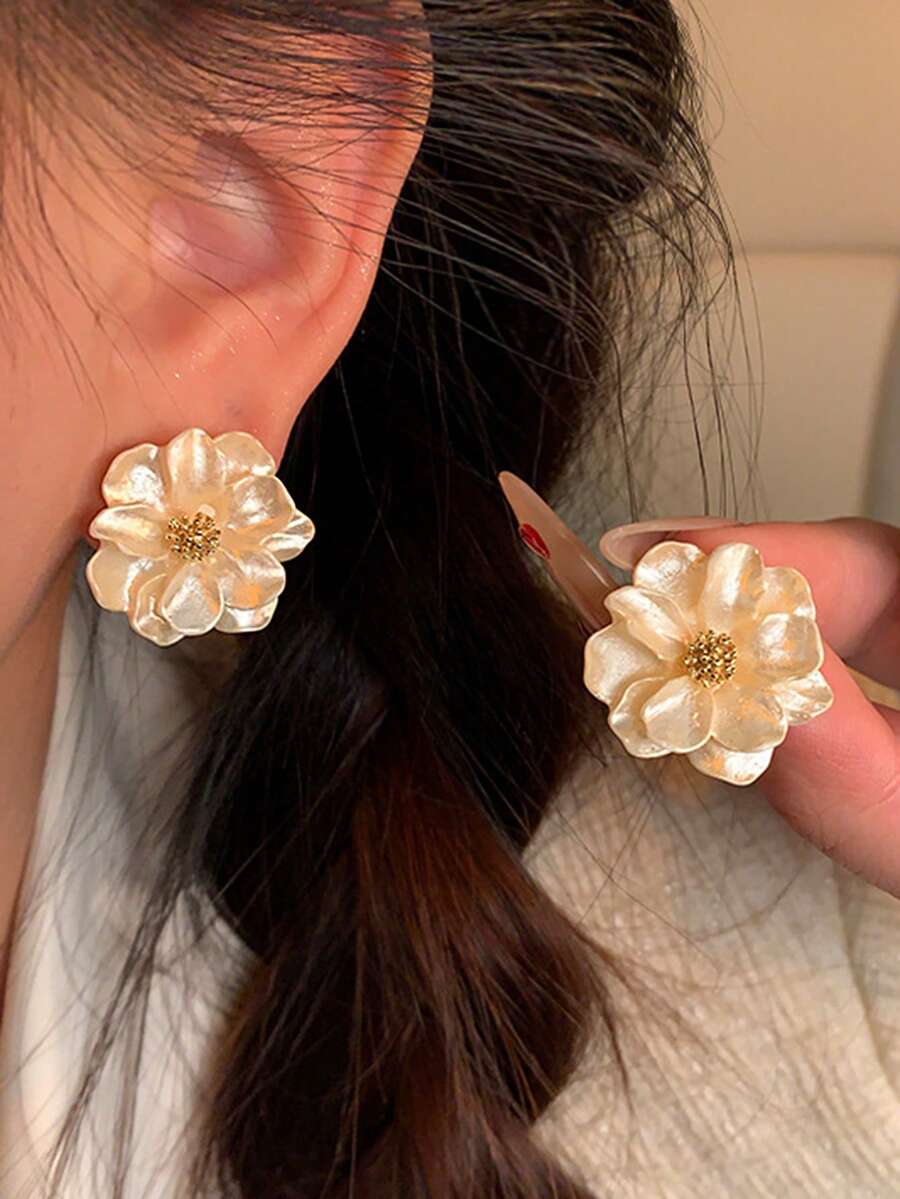 1 对简约花卉树脂耳环，独特设计，适合婚礼、派对、日常佩戴，时尚奢华感耳环，适合女性 - 米色 - 查看 1