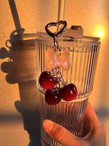 1pc Red Cherry & Pink Bow Simulated Fruit Keychain, Accessory For Women's Wallet, Outfit, Gift, ABS Plastic Material