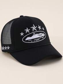 1 Berretto da baseball in rete con ricamo a cinque punte, regolabile, cappello casual per protezione solare da esterno per primavera/autunno, viaggi, spiaggia, vacanze, stile unisex Y2K