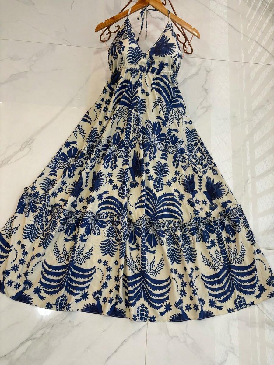 Long Dresses With 3D Print, Multicolored, New Model With Back Tie, Bare Back - Royal Blue - View 1