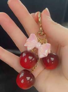 1pc Red Cherry & Pink Bow Simulated Fruit Keychain, Accessory For Women's Wallet, Outfit, Gift, ABS Plastic Material