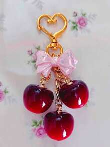 1pc Red Cherry & Pink Bow Simulated Fruit Keychain, Accessory For Women's Wallet, Outfit, Gift, ABS Plastic Material