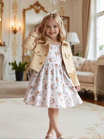 2 件套年轻女孩休闲纯色长袖短款衬衫夹克和碎花连衣裙套装，适合春夏户外、日常、休闲、度假、派对