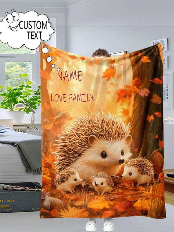 Couverture en flanelle avec motif personnalisé de famille de hérissons - Douce, légère, chaude, convient pour le canapé, le lit, les voyages, le camping | Nom personnalisable | Disponible dans diverses tailles, portable, impression numérique, fauteuil de bureau