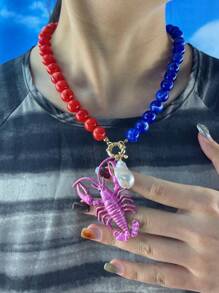 Retro Versatile Crustacean Beaded Handmade Necklace, Vintage Alloy Boho Seafood Jewelry, Fashion Unique Resort Style