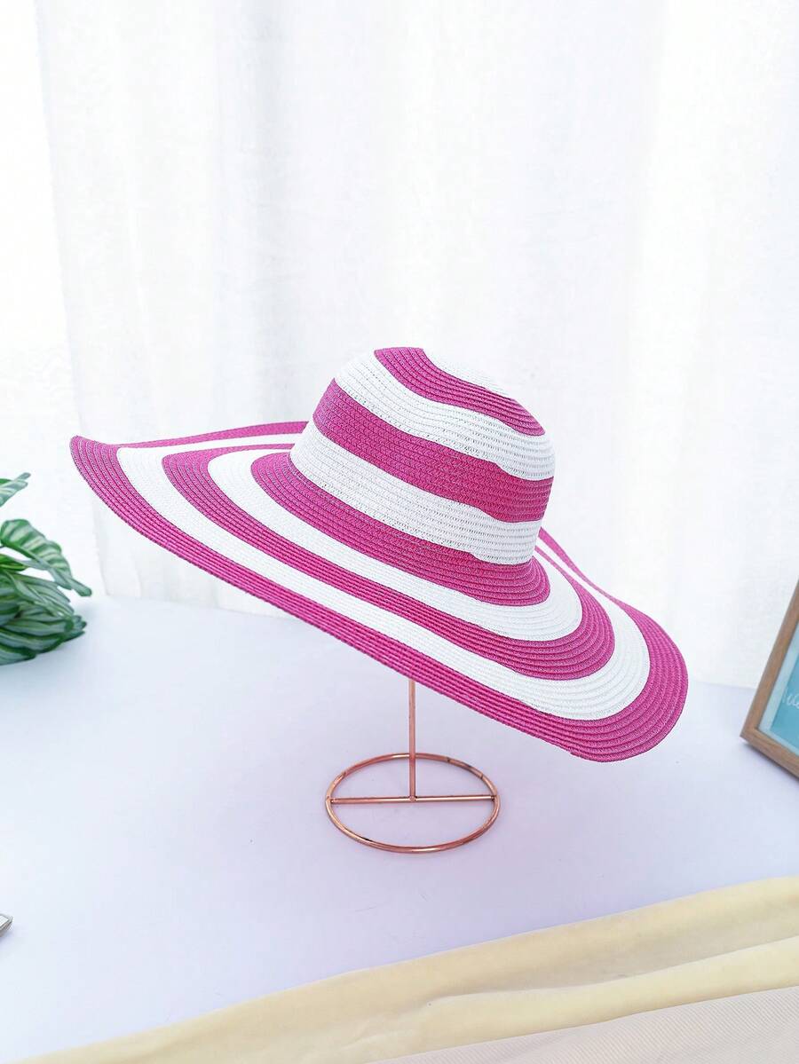 1pc Summer Female Sunshade Hat With Black And White Thick Stripes Along The Beach Straw Hat Sun Protection - Hot Pink - View 1