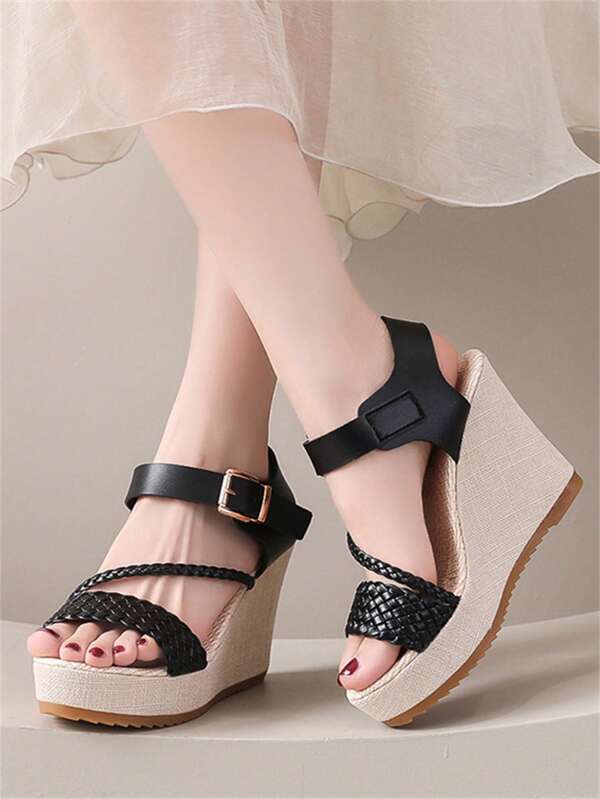 Women's Retro Double Strap Woven Peep Toe Sandals, Breathable Lining, Comfort, Thick Platform, Summer