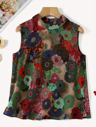 Women's Summer Floral Print Stand Collar Sleeveless Casual Shirt