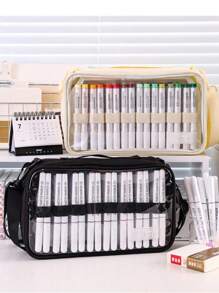 1pc Marker Pens Storage Bag Pencil Case Transparent Front Multi Slots Easy Carry-On Handle, Large Capacity For 64 Brush Marker Pens, School Student Art Supplies