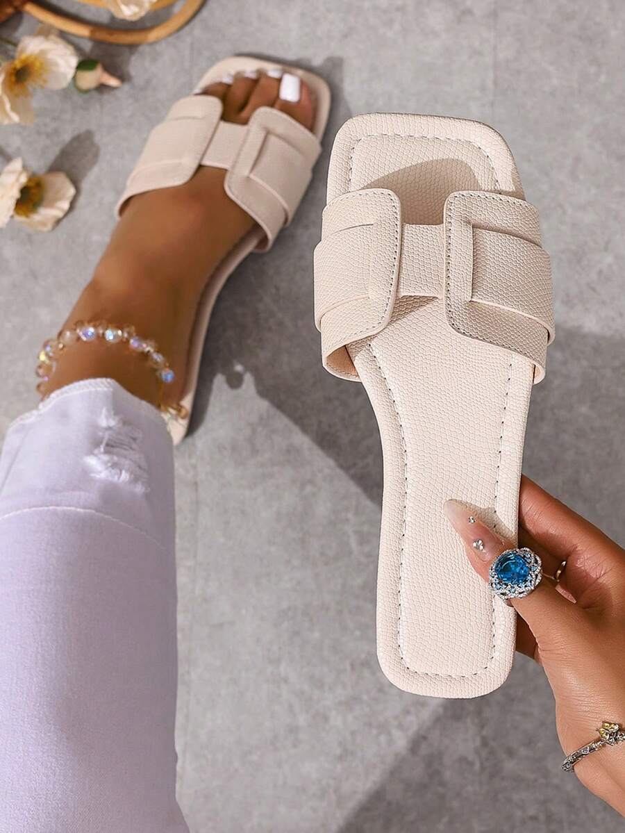 Ximi Ruo New Spring/Summer H-Style Fashion Casual Strap Slippers For Women, Comfortable Slip-On Flat Outdoor/Indoor Slippers, Rhinestone Embellished, Black/Beige/Brown, Blogger Recommended,Beach Outfits - Beige - View 1