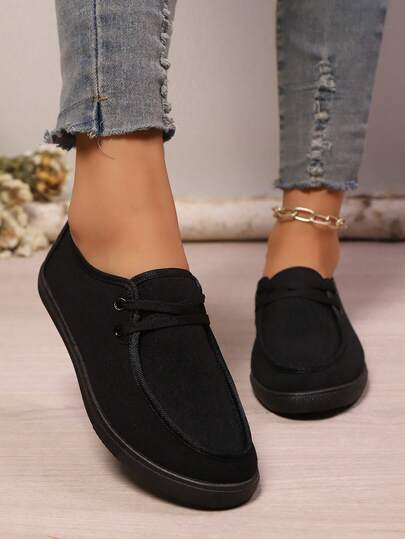 女士舒适休闲帆布一脚蹬乐福鞋，轻便软底平底低帮鞋，防滑圆头帆布舒适轻便平底鞋，女士运动鞋尺码 36-45