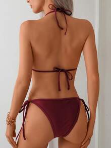 New Solid Color Chain Decor Sexy High Stretch Shiny Fabric Halter Women Swimsuit Set