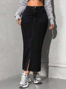 Gonna lunga di jeans casual vita alta con spacchi laterali e tasche per donna