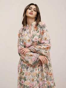 1pc Women's Traditional Arabic Style Chiffon Print Lightweight Breathable Bell Sleeve Dress, Middle East Jalabiya Dress