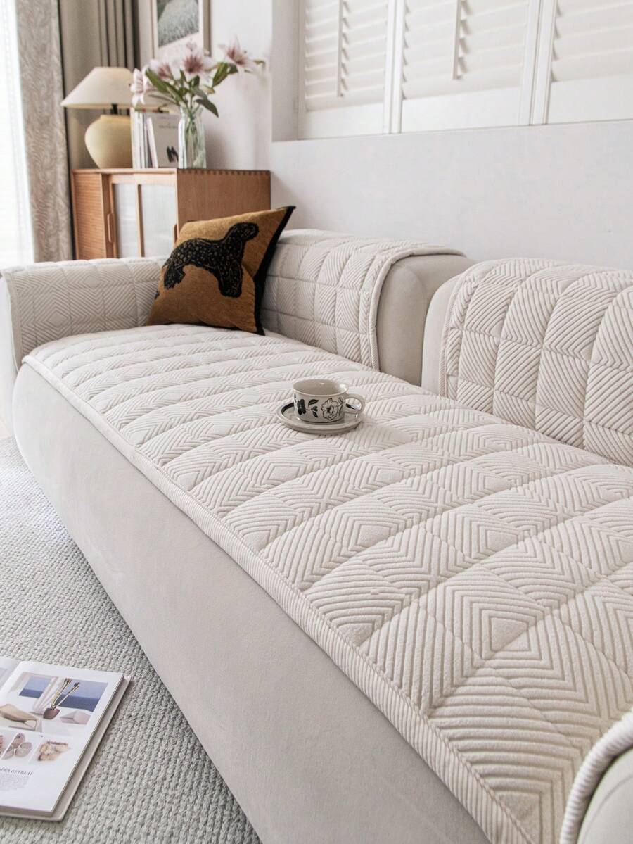 1pc Embroidered Plush Sofa Cover, Solid Color Nordic Style Thickened 3D Design Sofa Protector, Non-Slip Anti-Scratch Sofa Slipcover For Living Room, Bedroom, Study, 1/2/3/4 Seater With Armrest & Backrest - 米色 - 查看 1