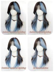 XIXISNOW Synthetic Hairpieces Wavy Layered Wigs With Bangs Blue High 24inch For Beginners Daily Party Use Young - Blue Highlight - View 8