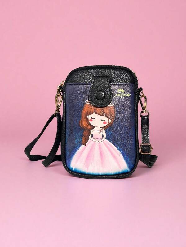 Borsa compatta e carina con motivo da principessa in rosa, può contenere telefono, chiavi, carte di credito, con chiusura a zip e bottone automatico, anti-furto e anti-caduta, alla moda come tracolla o borsa a spalla, compagno leggero per il trasporto di tutto.