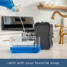 1 pieza Dispensador de jabón y soporte para esponja 2 en 1, dispensador de jabón de cocina de plástico duradero con estante para esponja, sin batería requerida, apto para baño, sala de estar, auto y cocina - gran capacidad, operación con una sola mano, gris, incluye bandeja de goteo y caja, mantiene el mostrador ordenado, herramienta de limpieza de cocina, color/diseño aleatorio - Multicolor - Ver 6