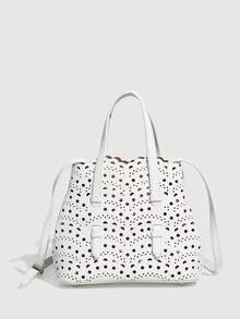 Conjunto De 2 Bolsas Femininas, Bolsas Tote Vazadas Para O Verão, Bolsas Transversais Femininas Simples, Bolsas De Cor Lisa, Bolsas De Ombro. Bolsas Casuais Da Moda, Bolsas De Trabalho - Branco - Ver 3