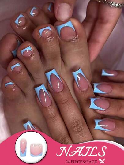 Un conjunto de 48 piezas de uñas postizas en forma cuadrada con bordes azules y para dedos y dedos de los pies, para hacer que sus dedos y dedos de los pies sean talla grande encantadores, adecuado para todas las mujeres, con un archivo de uñas de gel gratis y suministros de uñas de presión. uñas falsas uña falsa uña acrílica