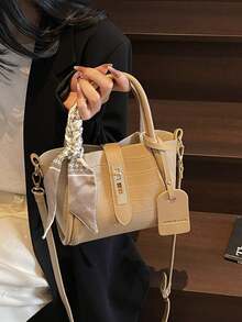 1pc Fashion Minimalist Clasp Closure PU 2-In-1 Shoulder/Crossbody/Handbag With Scarf, Suitable For Daily Use - Khaki - View 9