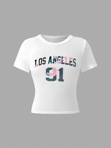 Set de 2 piezas de conjunto de verano para chicas adolescentes: Camiseta estampada con cuello redondo de Los Ángeles y pantalones rectos tipo camuflaje, conjunto de moda casual