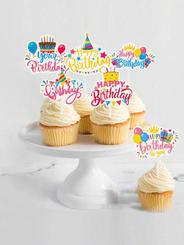8pcs Happy Birthday Cake Toppers, Including Cake Topper Flags, Cocktail Sticks, Cake Crown, Party Hats, Gift Boxes, Streamers - DIY Cupcake Decorations For Birthday, Wedding, Graduation, Mother's Day Parties