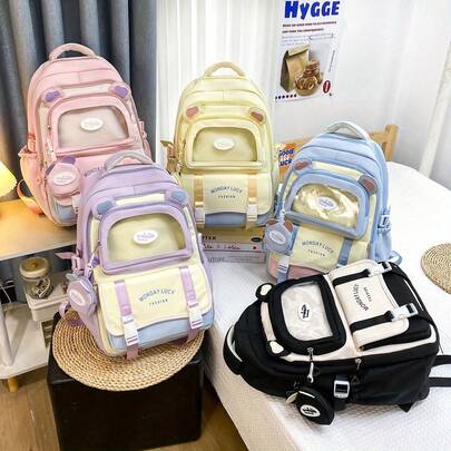 1pc Cute Backpack, Multiple Colors Available| 3D Ear Decor + Transparent Storage Pocket| Macaron Colors (Pink/Light Yellow/Light Purple/Light Blue) And Black & White Contrast Versions| Multi-Compartment + Side Pockets| Suitable For Casual, Campus, And Short Trips| Lightweight And Breathable Girly Backpack School Supplies, Back To School School Bag Bookbag