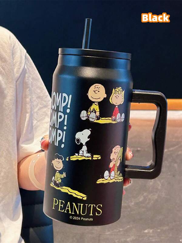 SNOOPY 1 pieza Taza aislada de gran capacidad con marca Snoopy, taza de viaje portátil de acero inoxidable con paja, de moda para mujeres, 50 oz