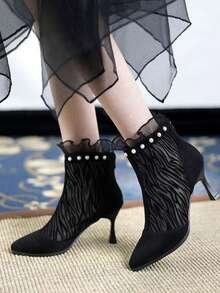 Sexy Pointed Toe Mesh Booties For Women, New Summer 2025, Spring Season, Breathable Mesh, Pearl Decor, Slim High Heel - Black - View 5