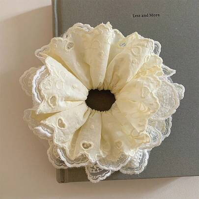 1pc French Style Yellow Intricate Lace Hollow Flower Big Hair Scrunchie, Unique Design, Suitable For Everyday Use Scrunchies Hair Ties Scrunchy Hair Ties Ponytail Head Accessories Elastic Band