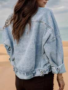 Women's Washed Blue Long Sleeved Denim Jacket, Worn Denim Jacket, Leopard Print Patchwork Short Jacket Top, Women's Clothing - Màu xanh lam - Xem 3