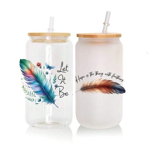 1 Sheet Cute Feather Design UV Dtf Transfer Sticker Waterproof 3d DTF Embossed Crystal Label For 16OZ Glass Cup Wrap Wall Stickers Decoration Rub On Scrapbook High Quality Scrapbooking Material Sunscreen For Diy Decoration Of Glasses, Laptop, Mobile, Phone Cases, Fridge, Computer, Water Bottle, Notebook, Computer, Desk, Handicrafts Sticker, Material Pattern