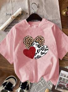 Set de 3 camisetas de manga corta de verano para niña preadolescente, con estampado de leopardo y corazón, de estilo informal y combinables