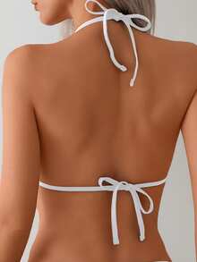 New Solid Color Chain Decor Sexy High Elasticity Shiny Fabric Halter String Women Swimsuit Set