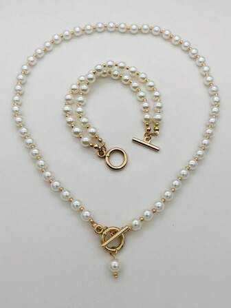 8 毫米珍珠项链圆形白色仿珍珠项链手工制作 20 英寸珍珠串配金色小圆珠，双层设计手链 7.8 英寸珍珠串，个性化 OT 扣珍珠首饰套装礼物