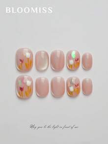 10Pcs Handmade Press-On Nails With Floral Print, Short Length, Reusable Nail Wraps Nail Supplies Nails - Pink - View 2