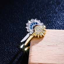 1 set/2 piezas Anillo abierto ajustable de moda para parejas, de estilo elegante y lujoso, con forma de sol dorado y luna plateada incrustada en cobre con circonita sintética, adecuado para parejas, boda y uso diario