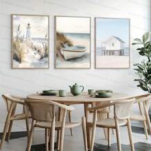 3 件套海滩上的白色灯塔木船小屋墙壁艺术帆布海报，适用于客厅卧室浴室办公室走廊厨房墙壁装饰，家居装饰礼物，可选框架，带框架的墙壁艺术 - 彩色 - 查看 4